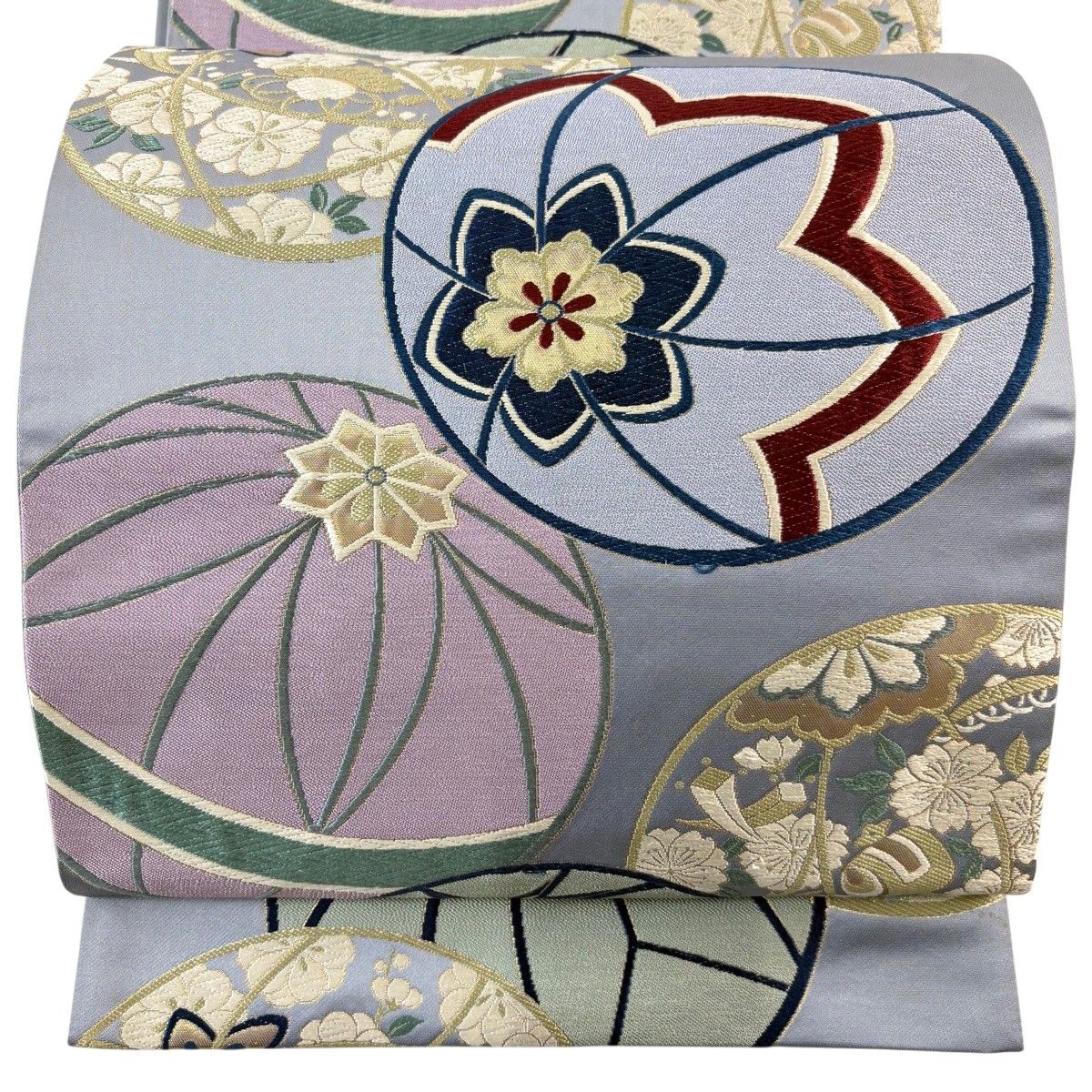 袋帯 秀品 手鞠 草花 箔 唐織 青灰色 六通 正絹 【中古】