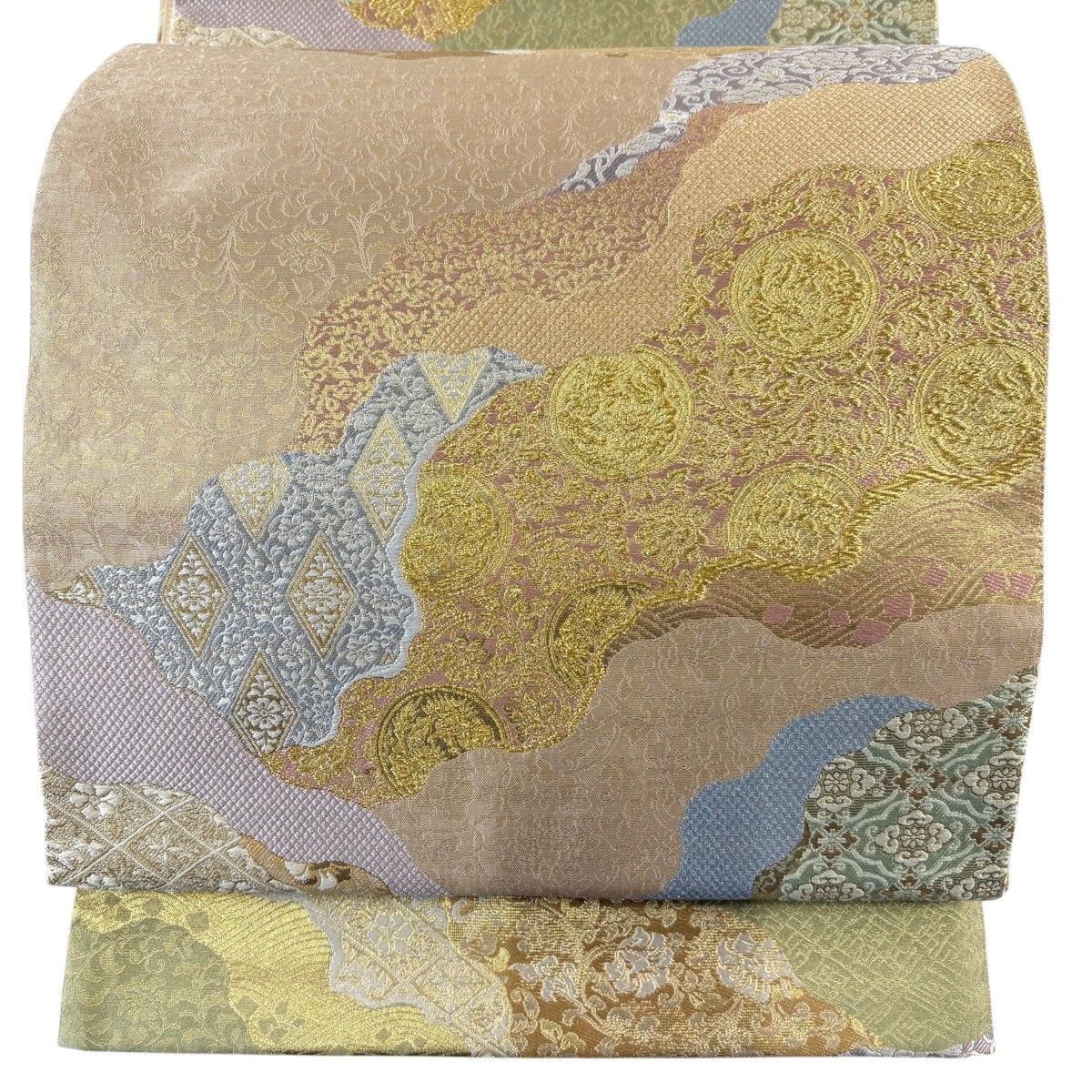 【美品】 袋帯 秀品 道長取り 草花 金糸 箔 金色 六通 正絹 【中古】