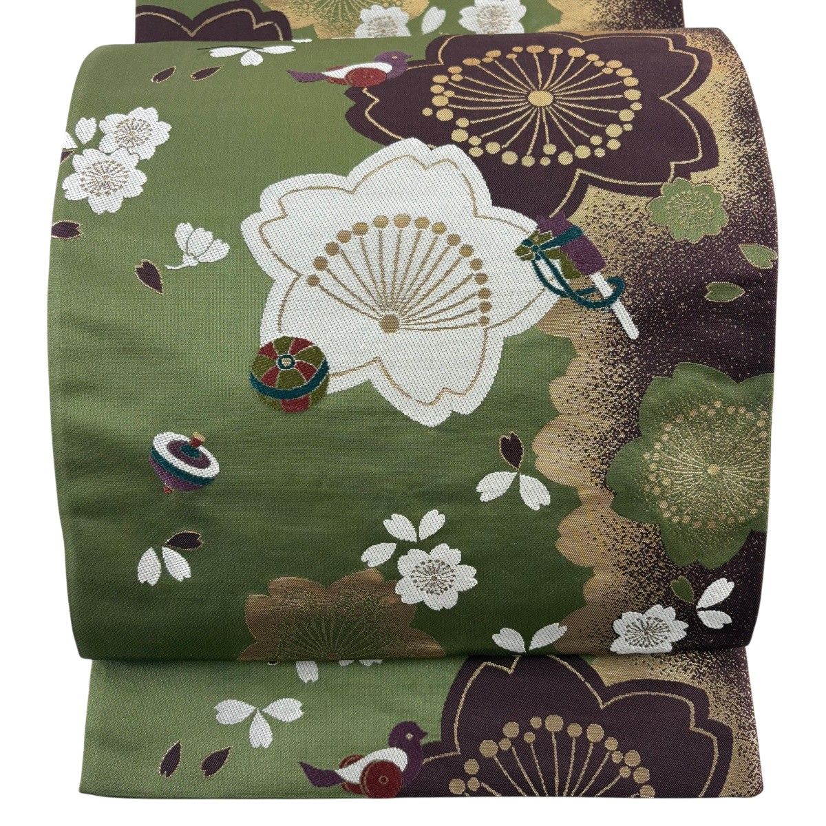 【美品】 袋帯 秀品 振袖向き 桜 玩具 箔 鶯色 六通 正絹 【中古】