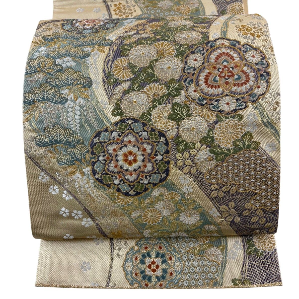 【美品】 袋帯 秀品 華文 草花 金銀糸 箔 ベージュ 六通 正絹 【中古】