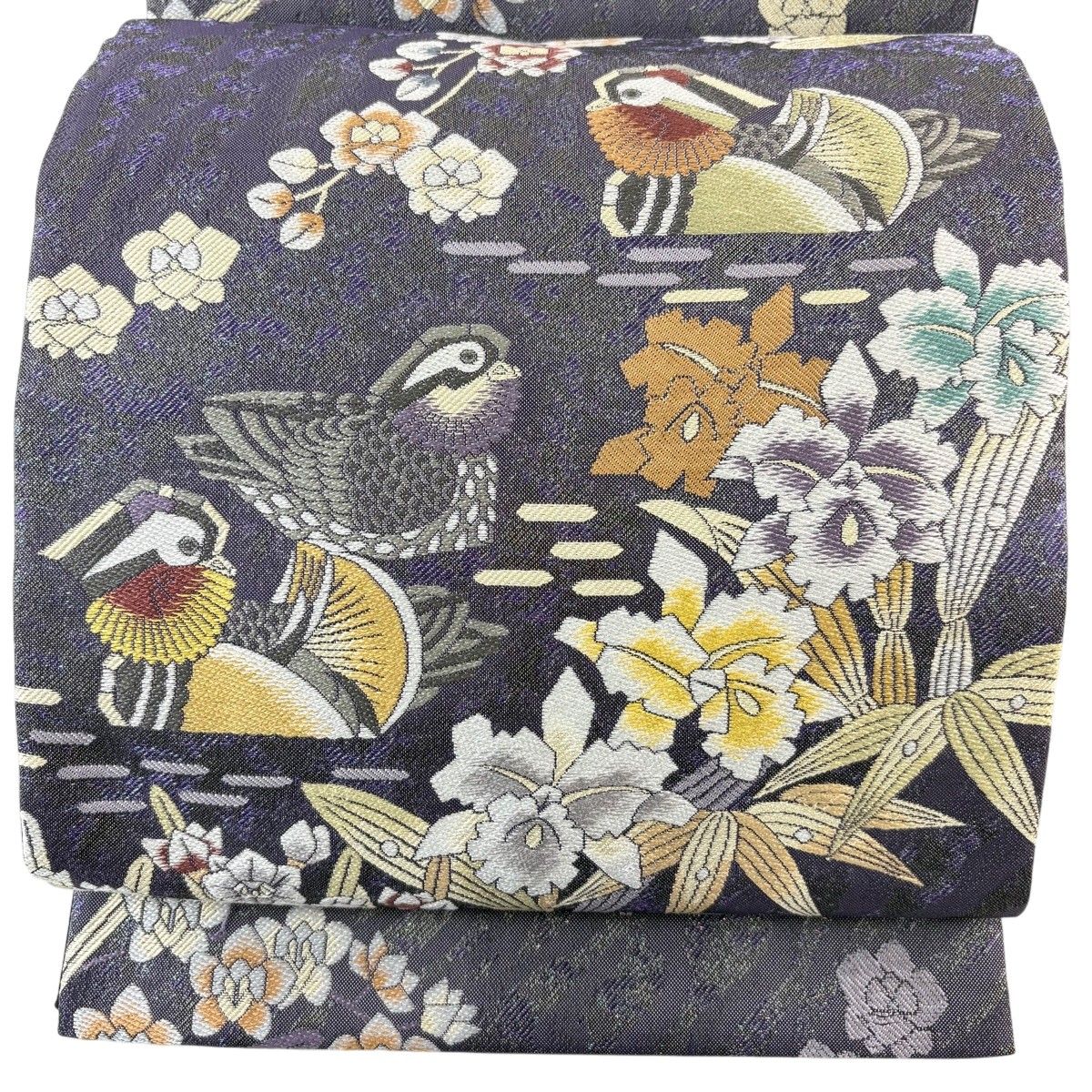 【美品】 袋帯 秀品 草花 鴛鴦 箔 紫 お太鼓柄 正絹 【中古】