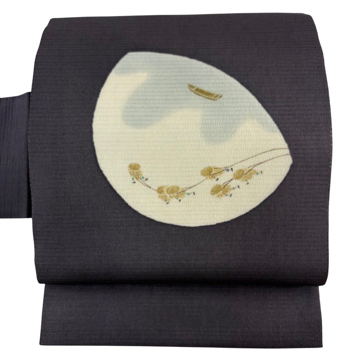 名古屋帯 秀品 夏帯 絽 人物 舟 灰紫 正絹 【中古】