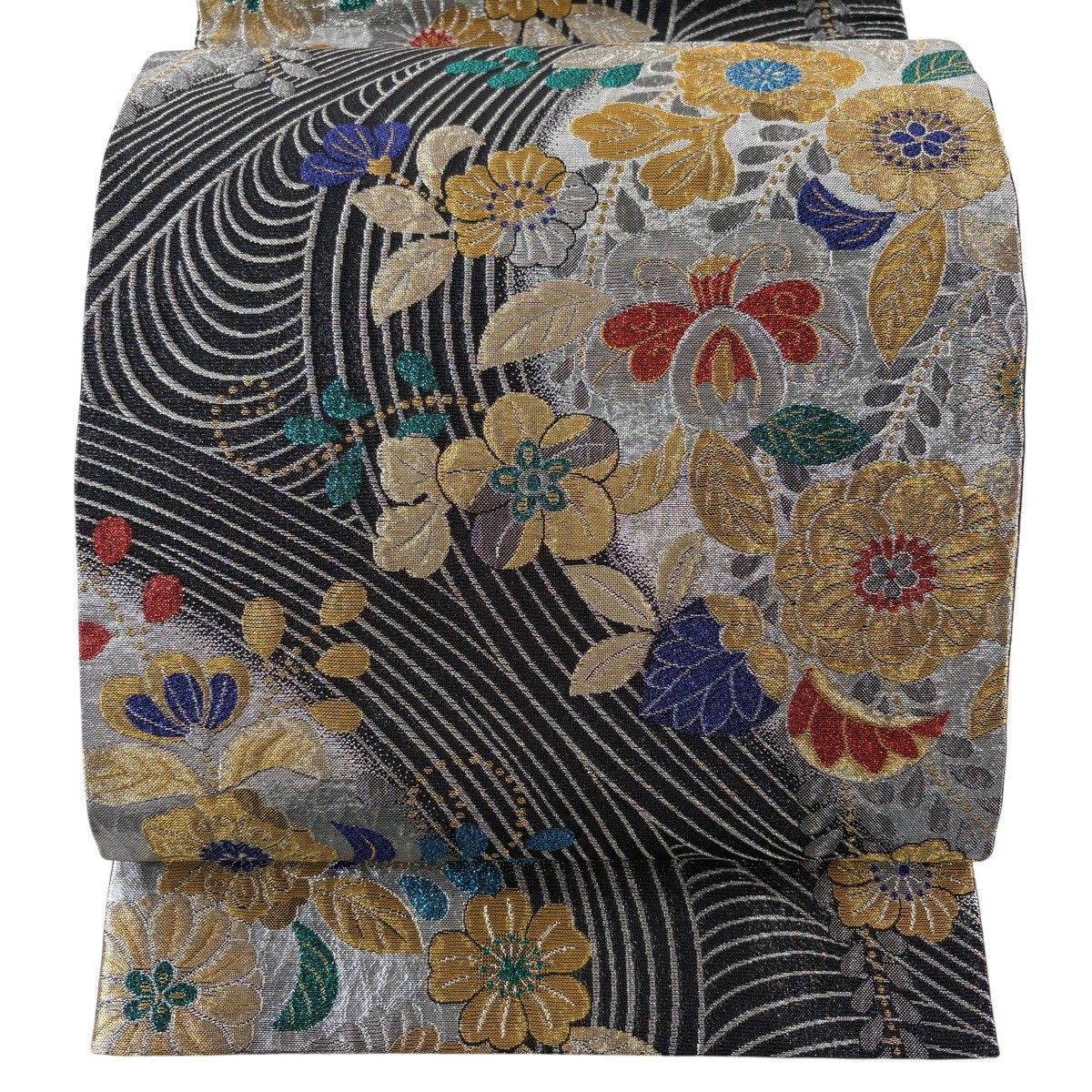 袋帯 秀品 辻が花柄 流水 金銀糸 箔 黒 六通 正絹 【中古】