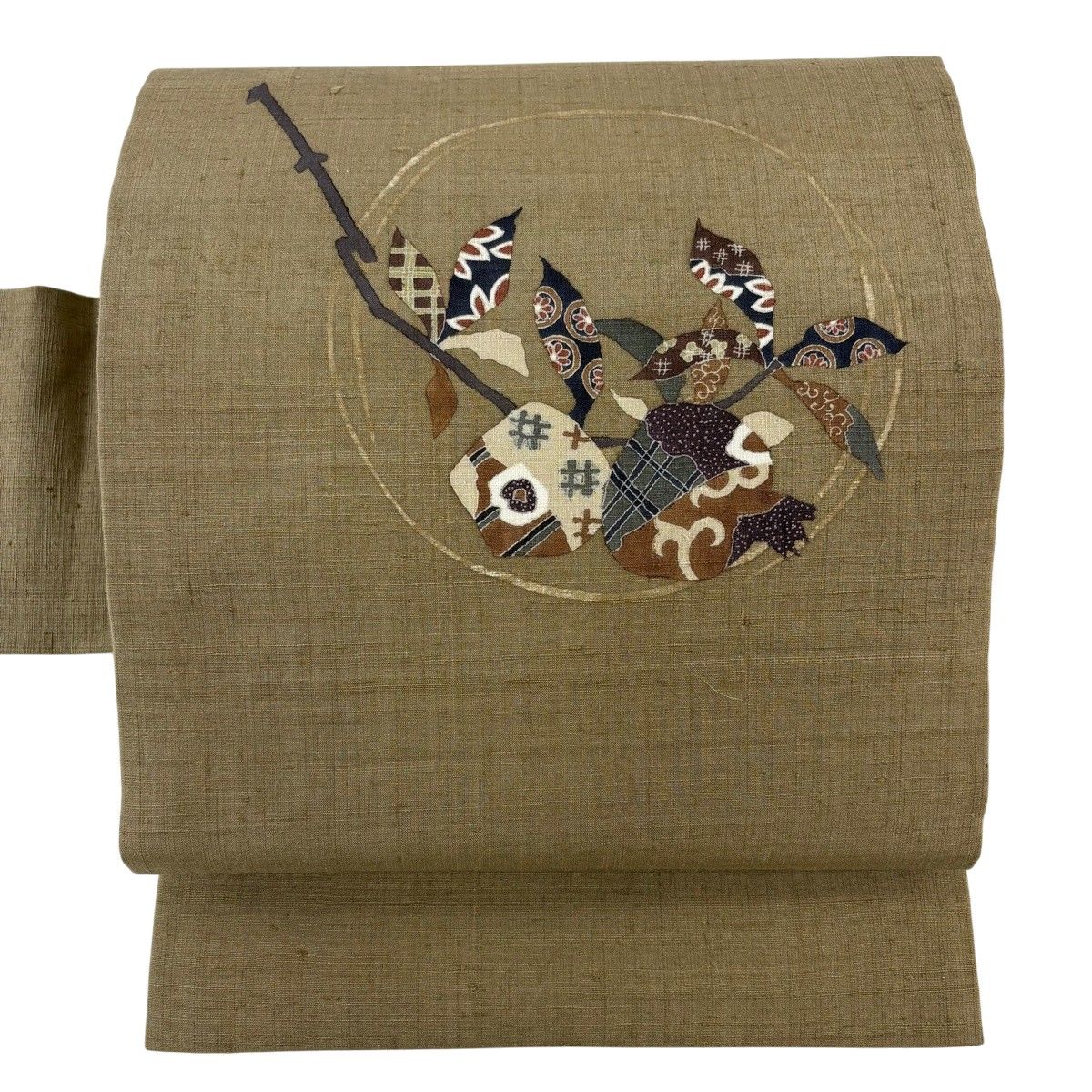 【美品】 名古屋帯 秀品 紬地 生り物 柘榴 灰茶 正絹 【中古】