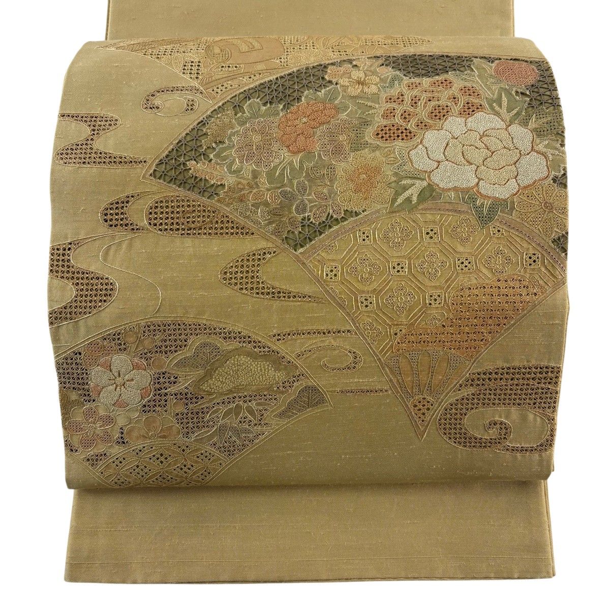 【美品】 袋帯 秀品 関西仕立て 紬地 扇面 草花 蘇州刺繍 相良刺繍 薄黄土色 正絹 【中古】