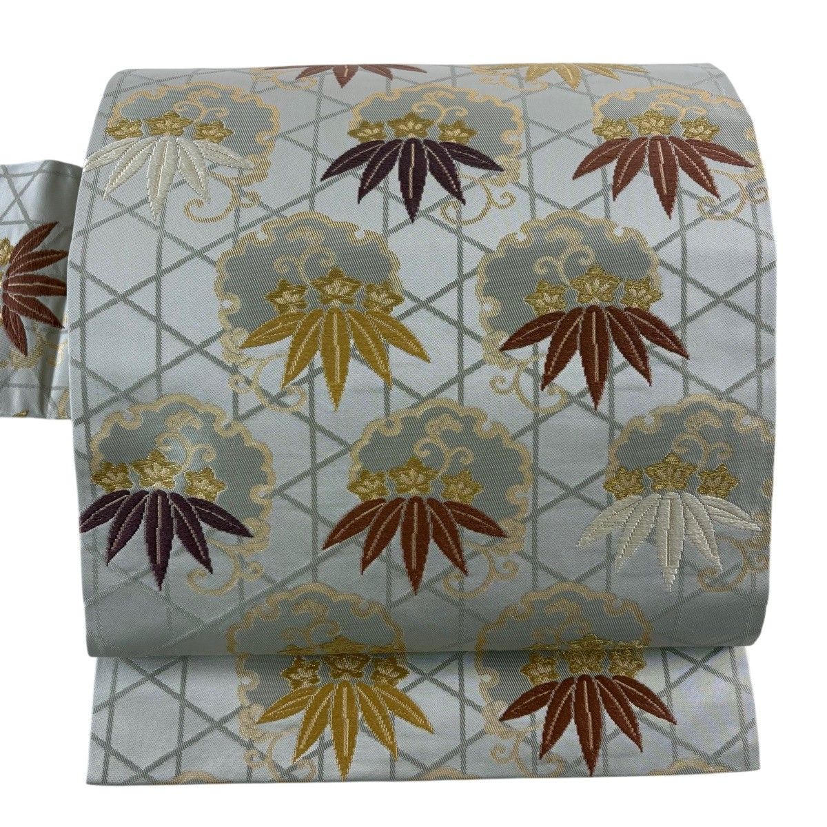 【美品】 名古屋帯 秀品 笹 雪輪 金糸 箔 灰色 正絹 【中古】