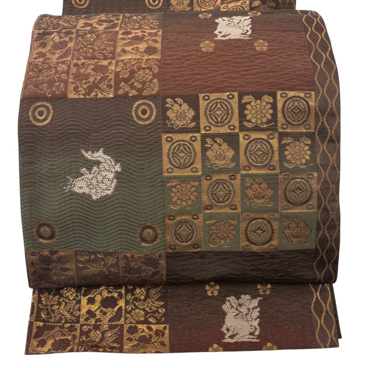 【美品】 袋名古屋帯 秀品 花うさぎ 荒磯 箔 焦茶色 正絹 【中古】