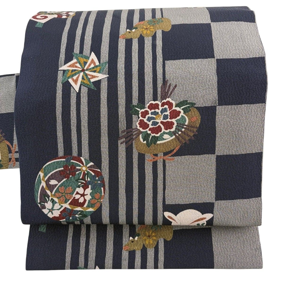 【美品】 名古屋帯 秀品 玩具 縞 灰色 正絹 【中古】