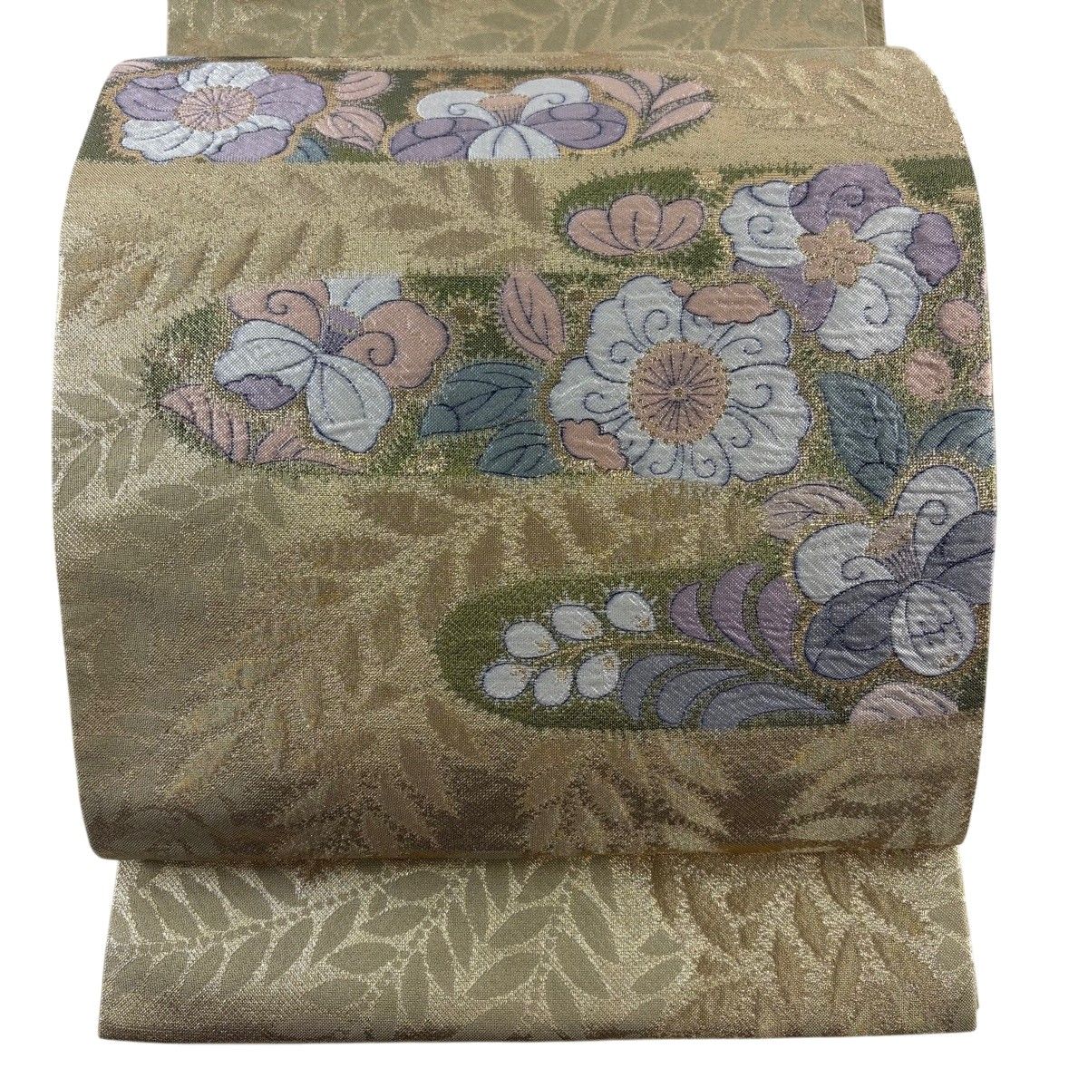 【美品】 袋帯 秀品 草花 霞 箔 金糸 金色 お太鼓柄 正絹 【中古】