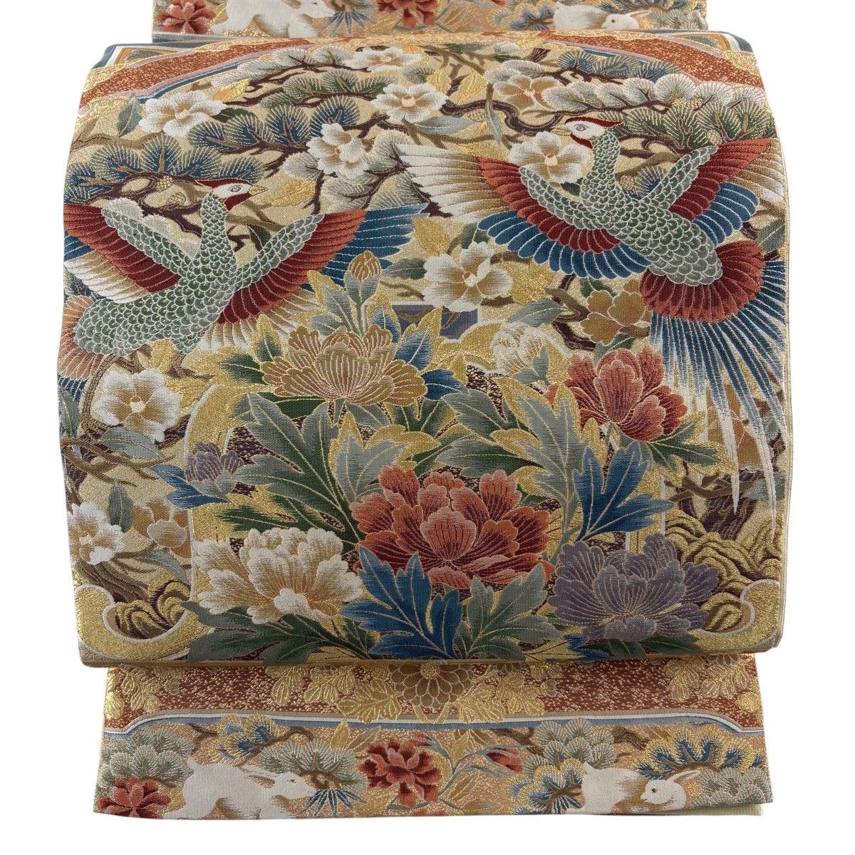 【美品】 袋帯 秀品 鳥 牡丹 金糸 箔 ベージュ 六通 正絹 【中古】