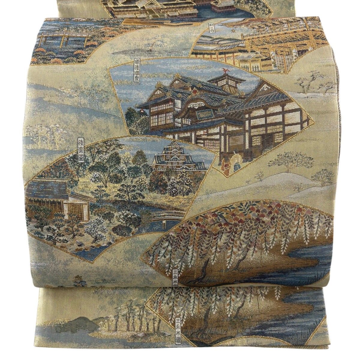 【美品】 袋帯 秀品 扇面 建物 金糸 箔 金色 お太鼓柄 正絹 【中古】