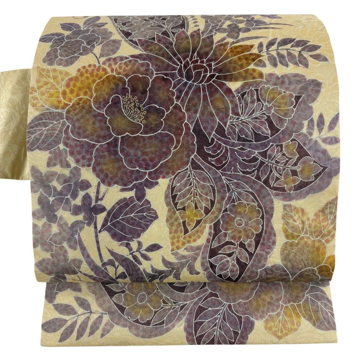 【美品】 名古屋帯 秀品 草花 地紋 金彩 ベージュ 正絹 【中古】