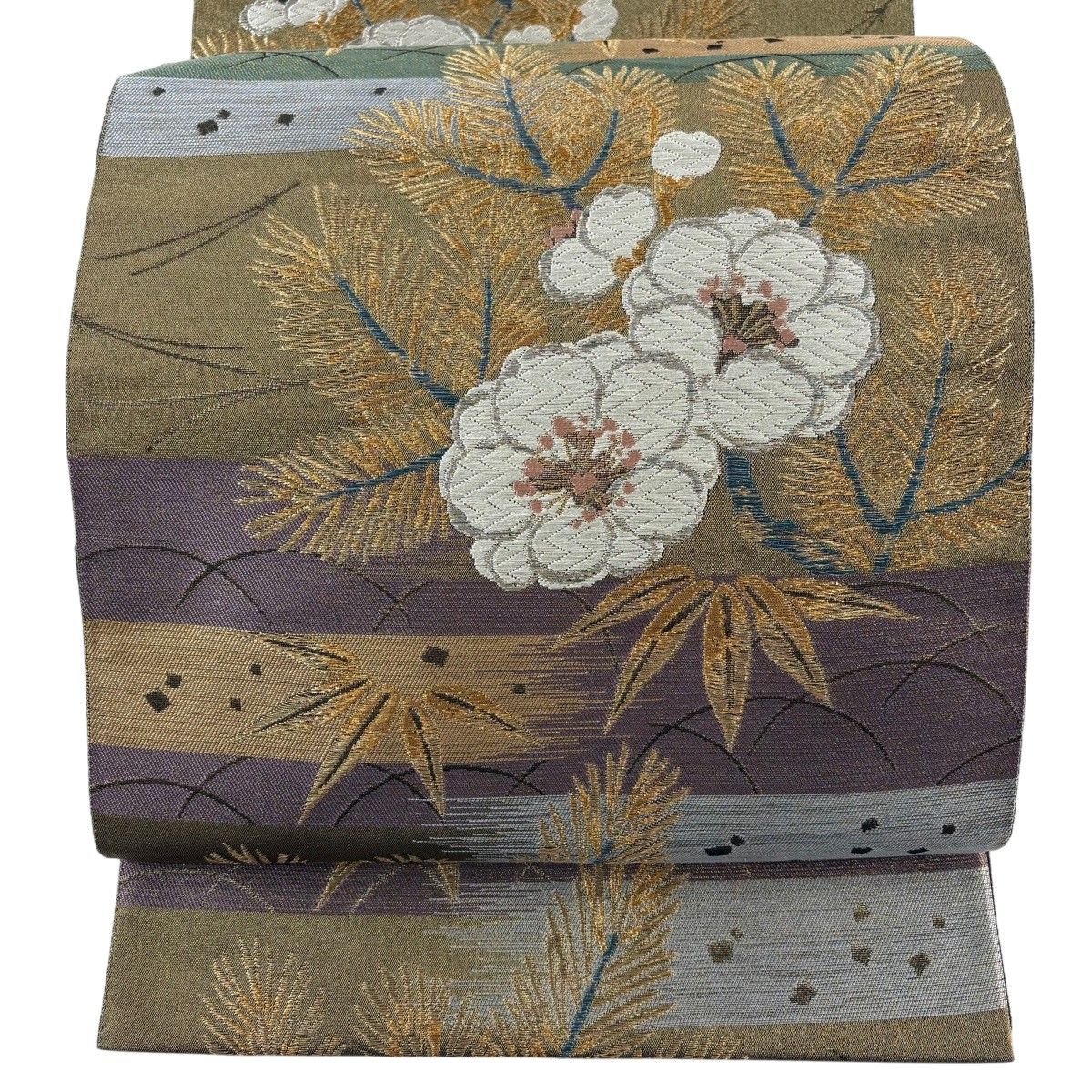 【美品】 袋帯 秀品 中村乃武夫 落款 松竹梅 芝 金銀糸 薄紫 六通 正絹 【中古】