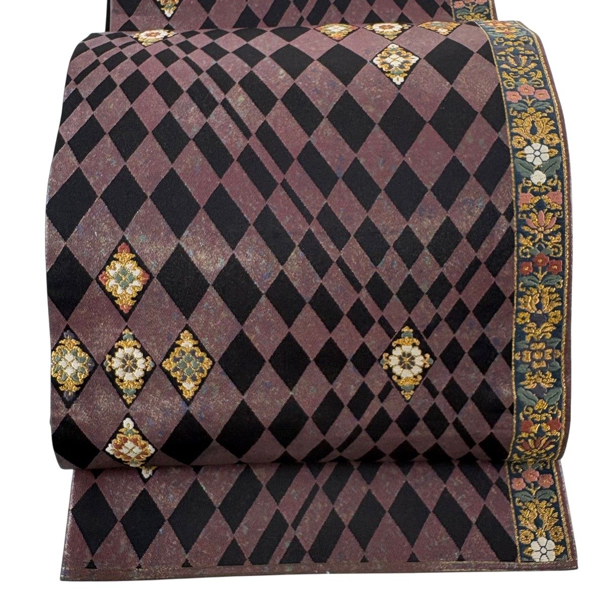 【美品】 袋帯 秀品 関西仕立て 華文 菱 金糸 箔 茶紫 六通 正絹 【中古】