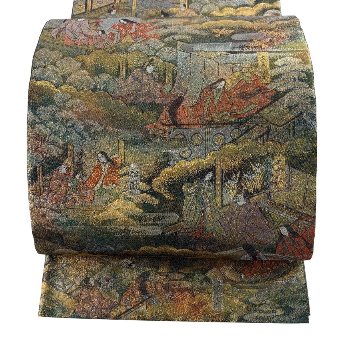 【美品】 袋帯 秀品 人物 雲文 箔 緑 お太鼓柄 正絹 【中古】
