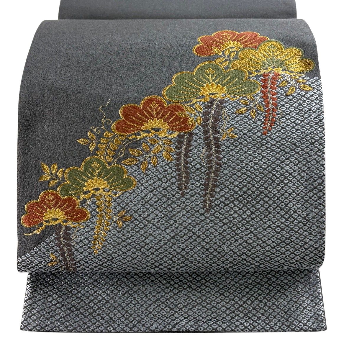 【美品】 袋帯 秀品 笠松 草花 金糸 刺繍 灰色 お太鼓柄 正絹 【中古】