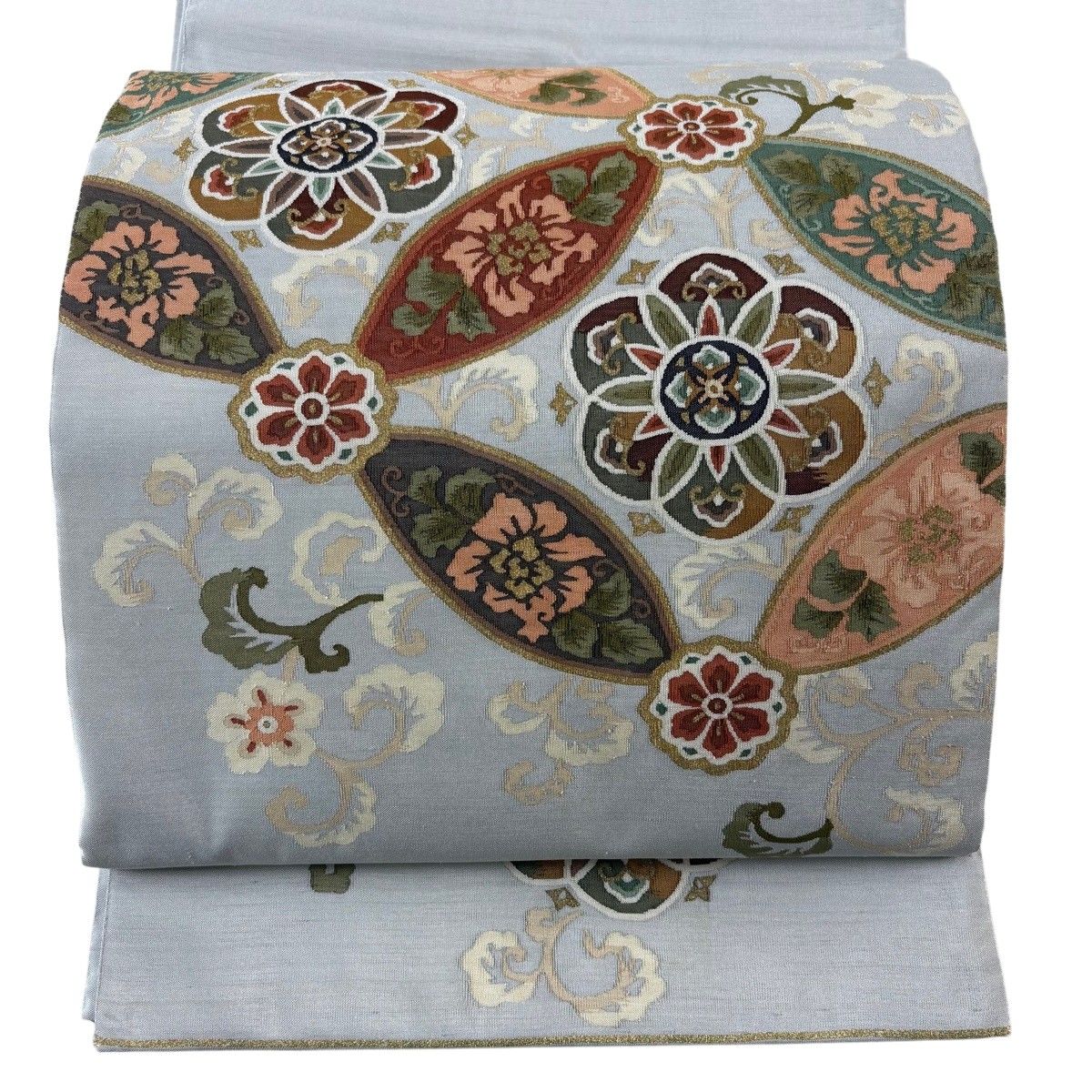 袋帯 秀品 七宝華文 草花 金糸 青灰色 お太鼓柄 正絹 【中古】