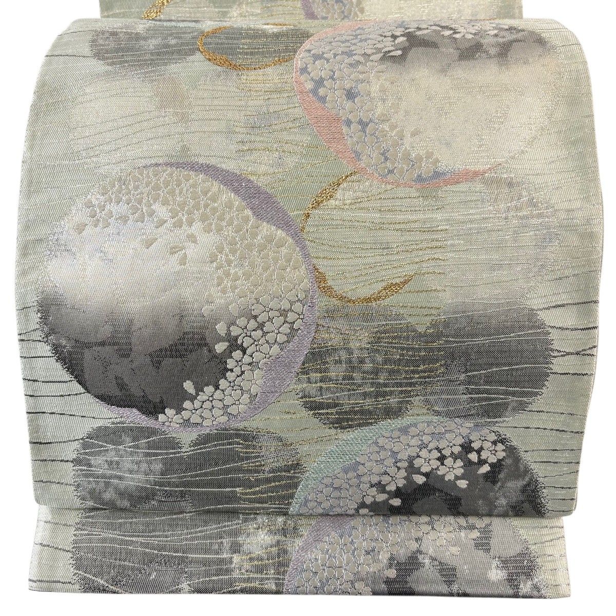 【美品】 袋帯 秀品 丸文 桜 金糸 箔 薄緑 六通 正絹 【中古】