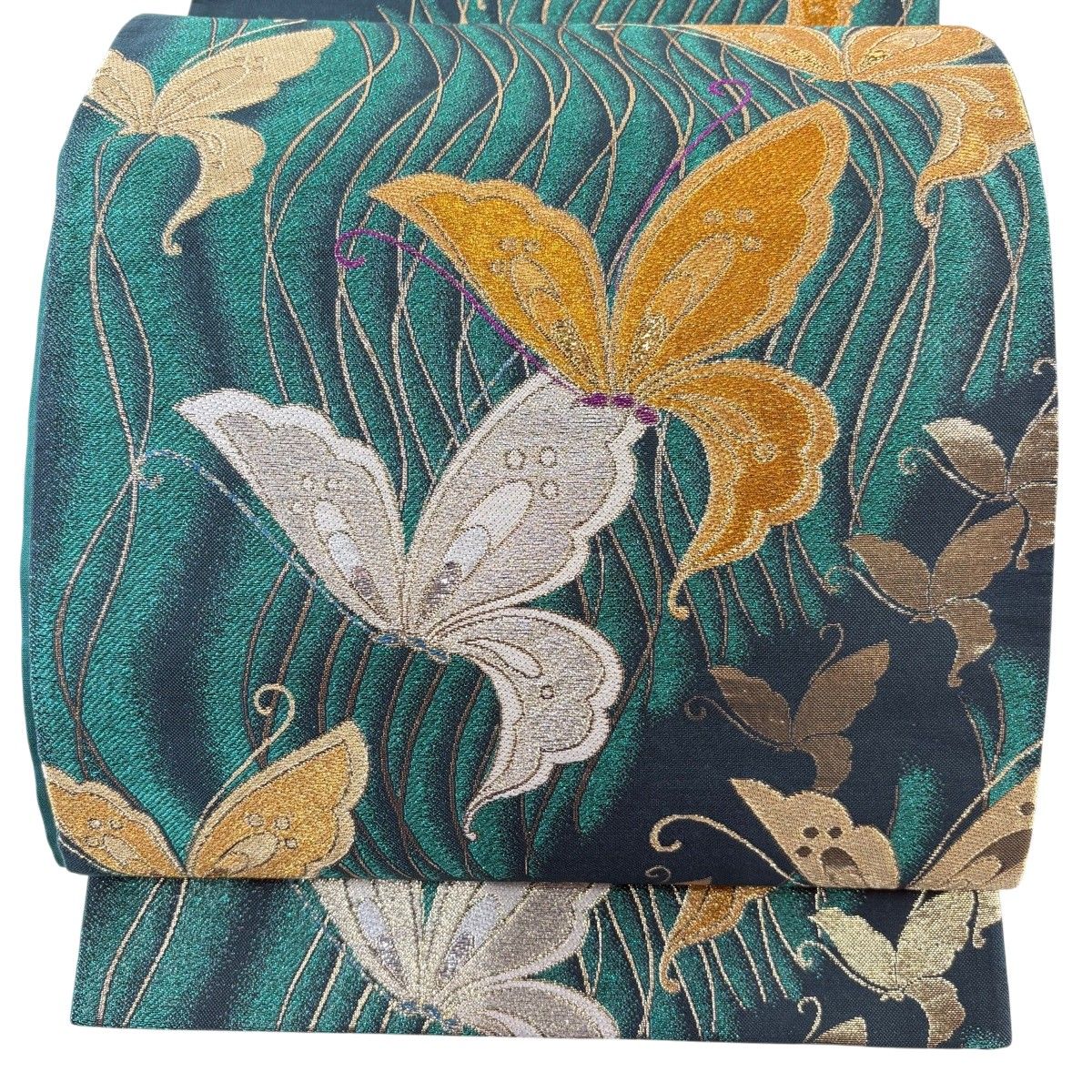 袋帯 秀品 蝶 よろけ縞 金糸 箔 緑 六通 正絹 【中古】
