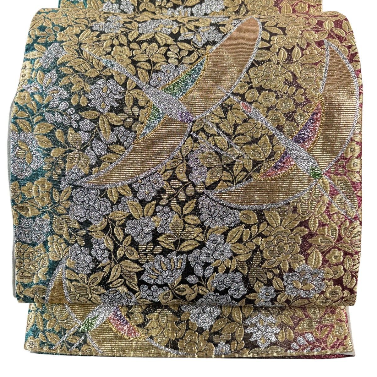 袋帯 秀品 鶴 草花 箔 金糸 金色 六通 正絹 【中古】