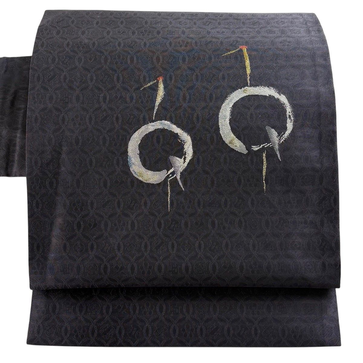 【美品】 名古屋帯 秀品 落款 鶴 宝尽くし 金糸 銀糸 灰紫 正絹 【中古】
