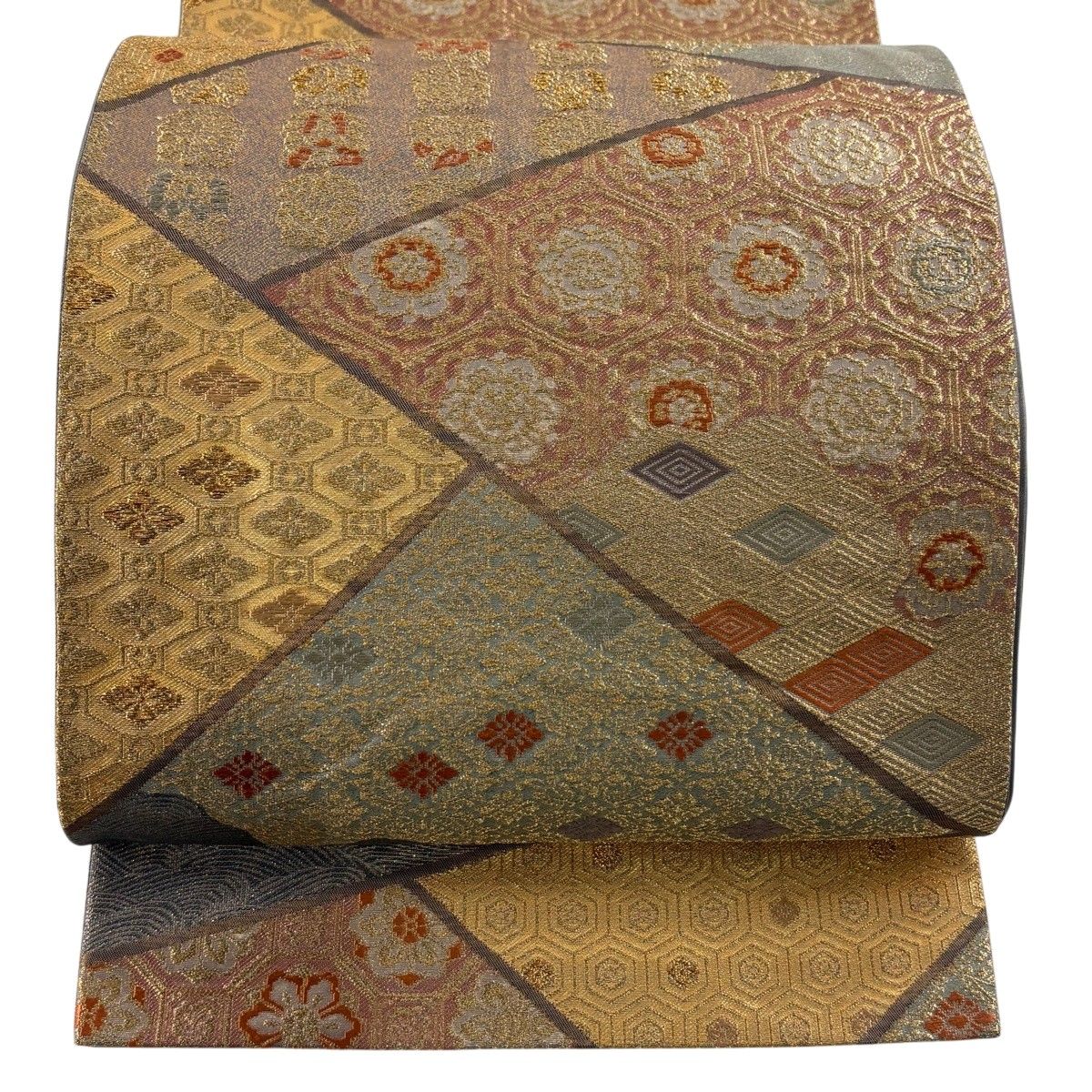 【美品】 袋帯 秀品 華文 花菱 金糸 箔 灰色 六通 正絹 【中古】