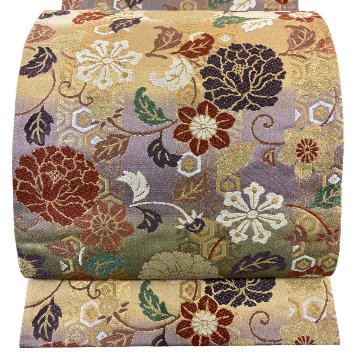 【美品】 袋帯 秀品 花唐草 亀甲花菱 箔 唐織 ベージュ 六通 正絹 【中古】