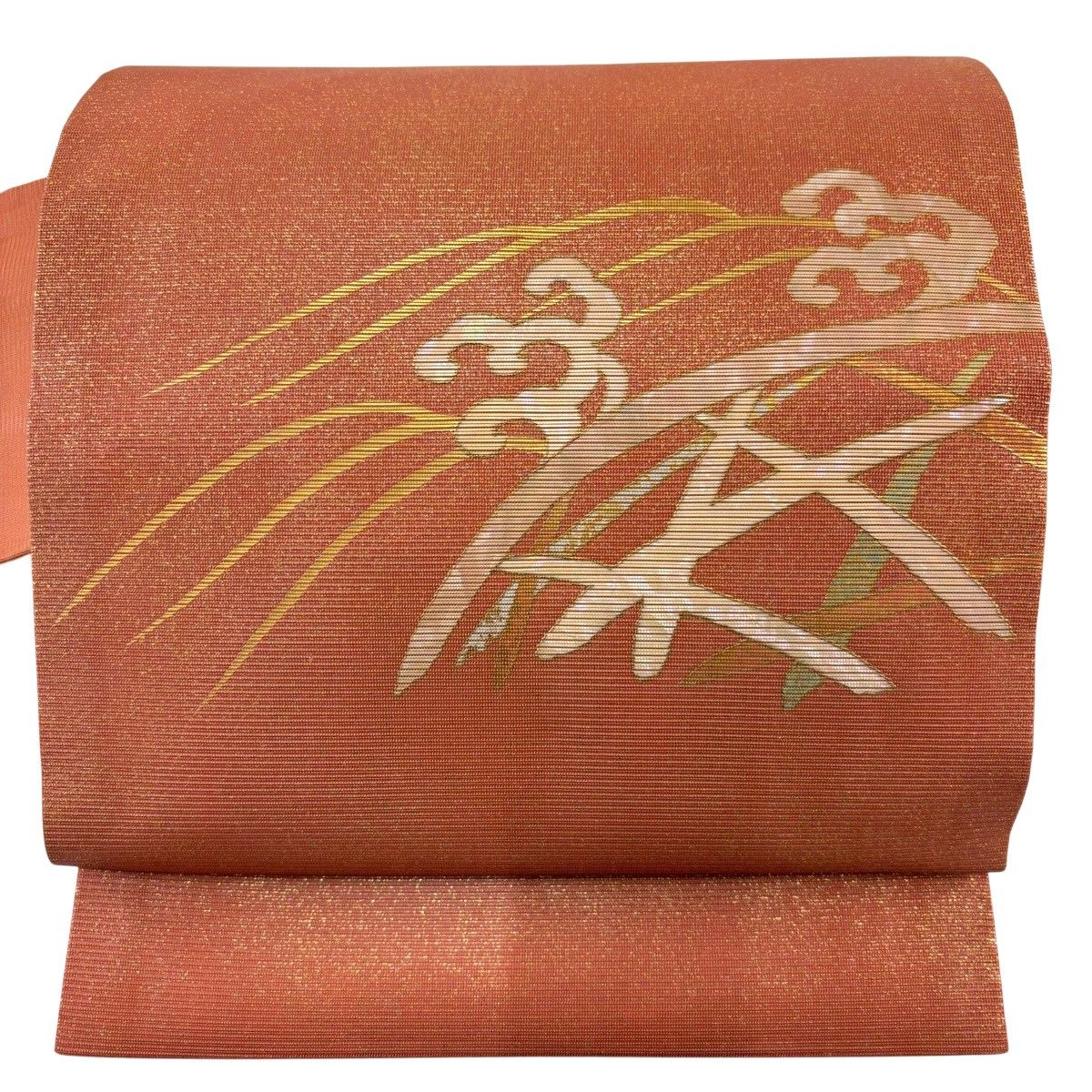 名古屋帯 秀品 夏帯 絽 波頭 垣根 螺鈿箔 箔 茜色 正絹 【中古】