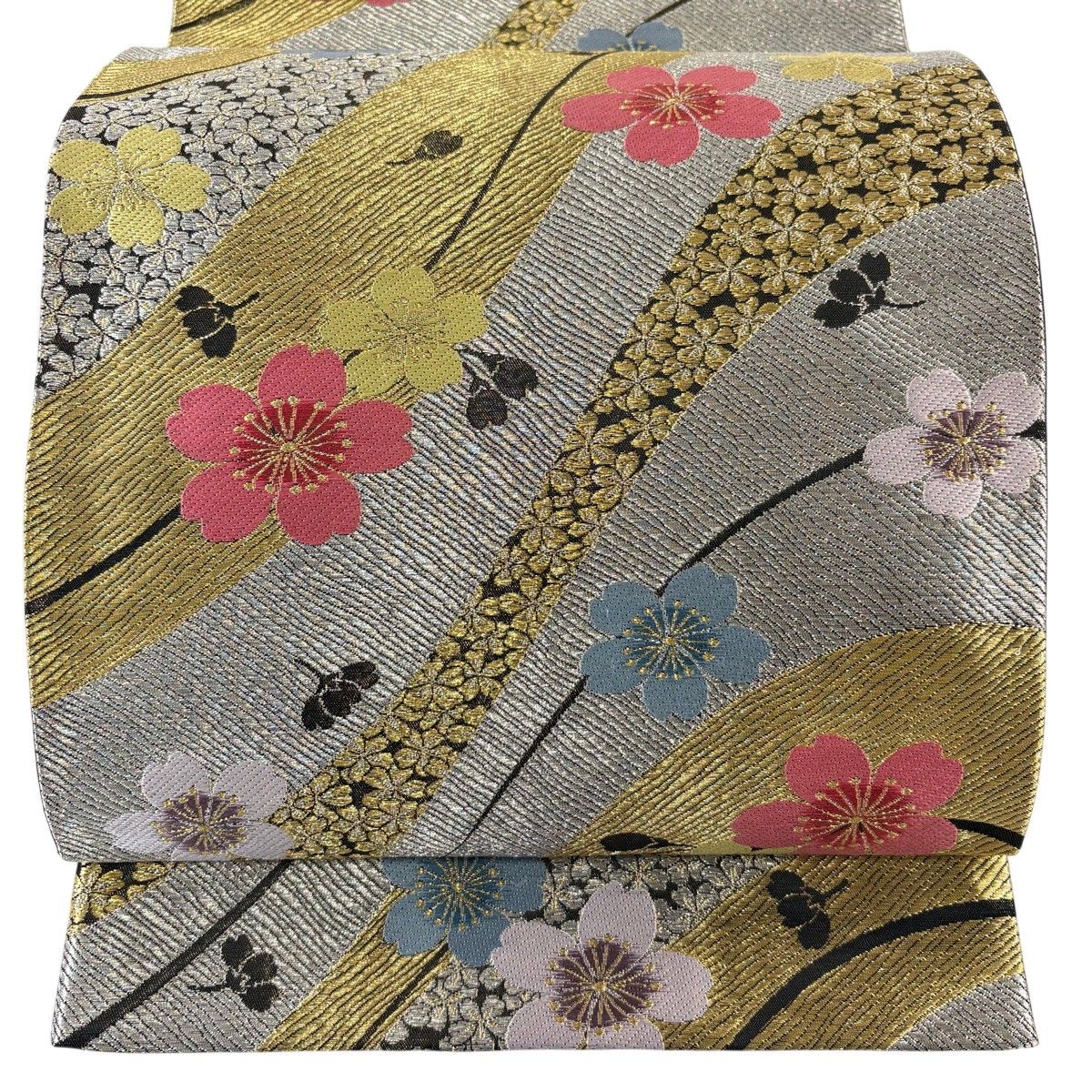 【美品】 袋帯 秀品 桜 金銀糸 箔 銀色 六通 正絹 【中古】