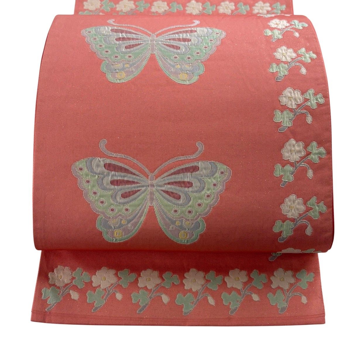 【美品】 袋帯 秀品 関西仕立て 蝶 草花 箔 ピンク お太鼓柄 正絹 【中古】