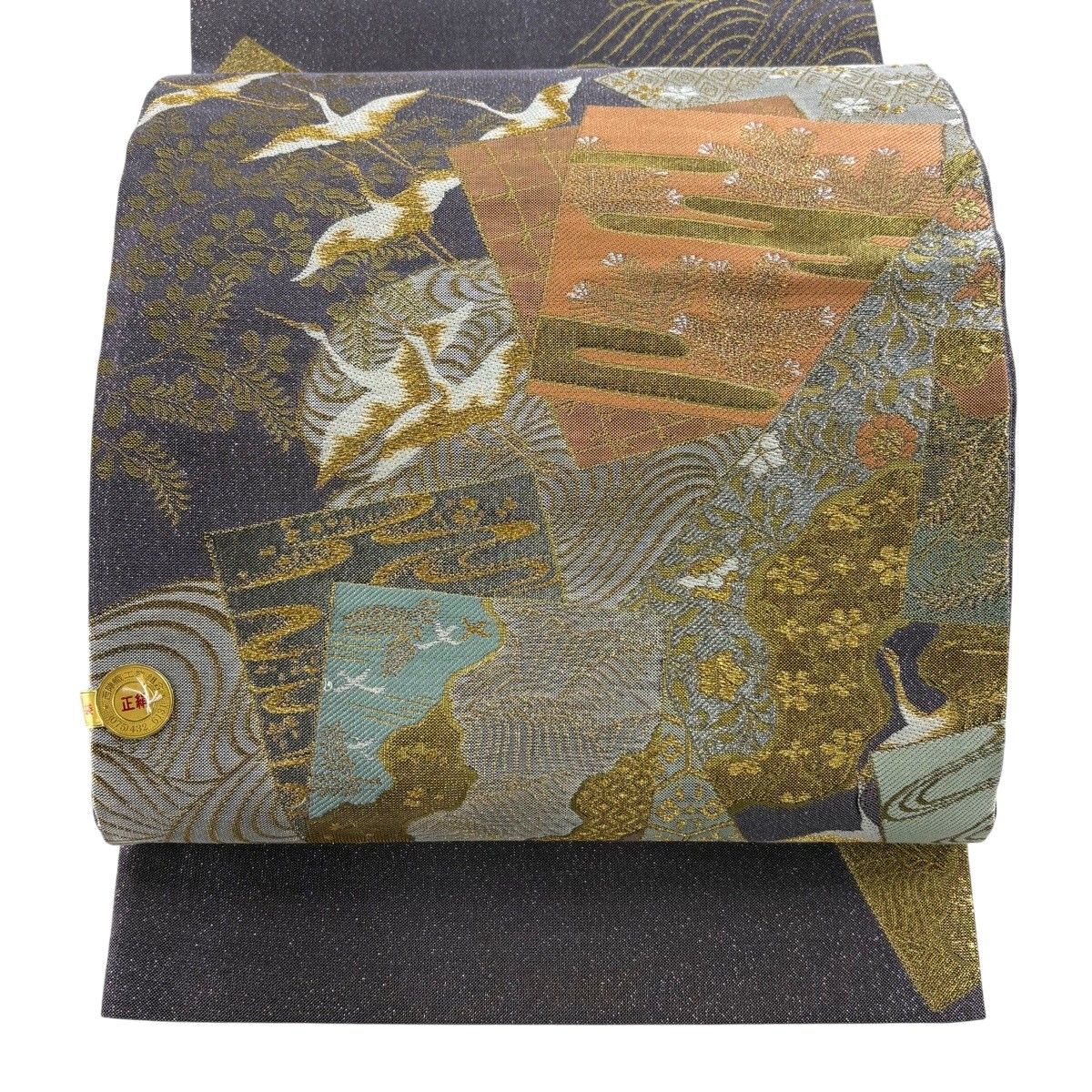 【美品】 袋帯 秀品 証紙 色紙 鶴 金銀糸 箔 灰紫 お太鼓柄 正絹 【中古】