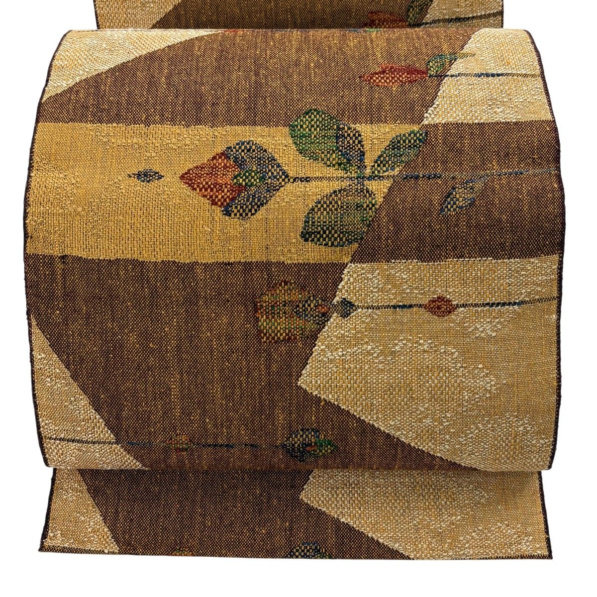 【美品】 名古屋帯 秀品 八寸名古屋帯 松葉仕立て 草花 幾何学模様 茶色 正絹 【中古】