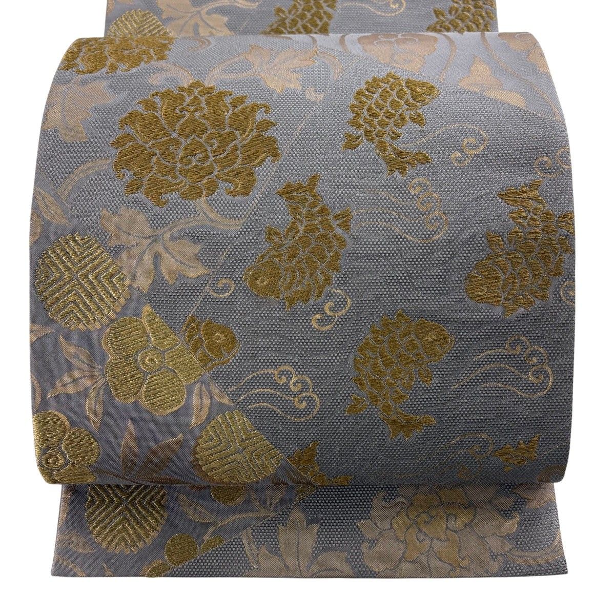 【美品】 袋帯 秀品 落款 荒磯文 牡丹唐草 金糸 箔 灰紫 六通 正絹 【中古】
