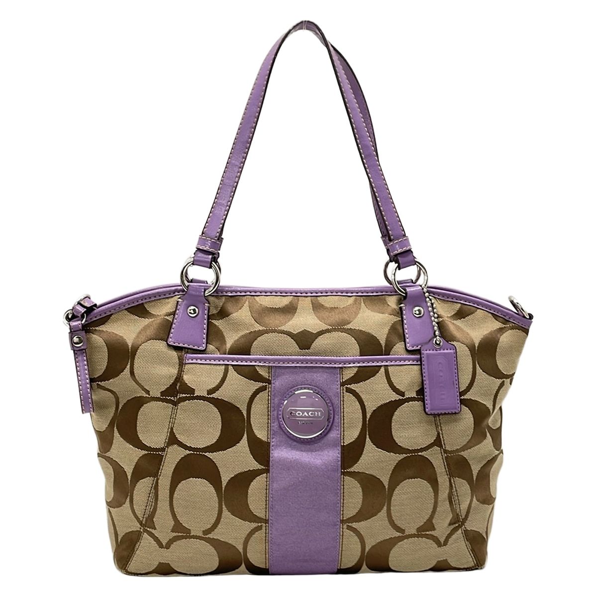 COACH(コーチ) ハンドバッグ シグネチャーストライプポケットトート F17948 カーキ×ダークブラウン×パープル レザー