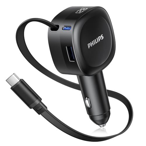 Philips (フィリップス) 巻き取り式 カーチャージャー 70cmケーブル内蔵 PD30W急速充電 USB-A＆USB-Cポート シガーソケット 電圧測定 コンパクト設計 車載用充電器 12V/24V車両対応 DLP2360C 国内発送 06f951cc