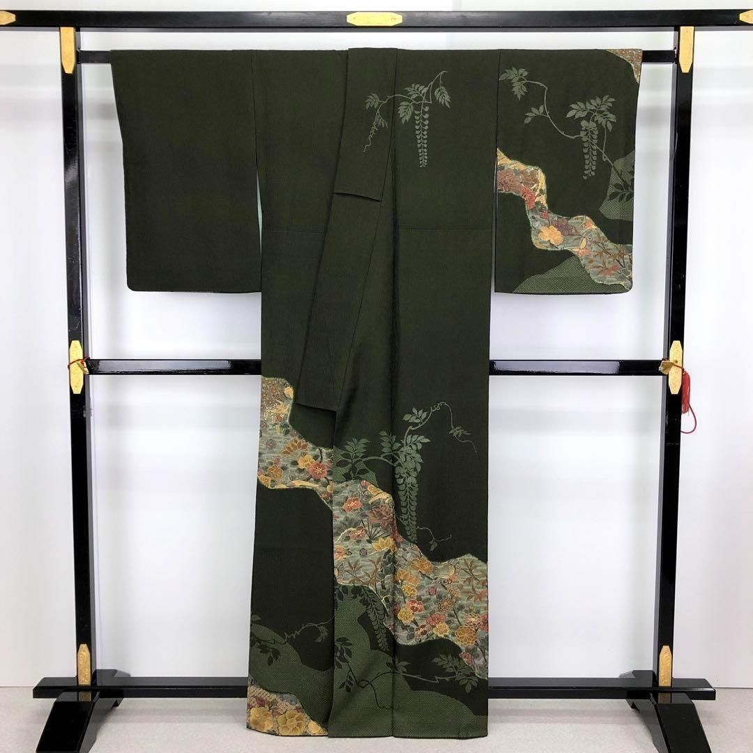 訪問着 総刺繍 蝶に美しい花々 さが美 ガード加工 黒橡色 K-2921 
