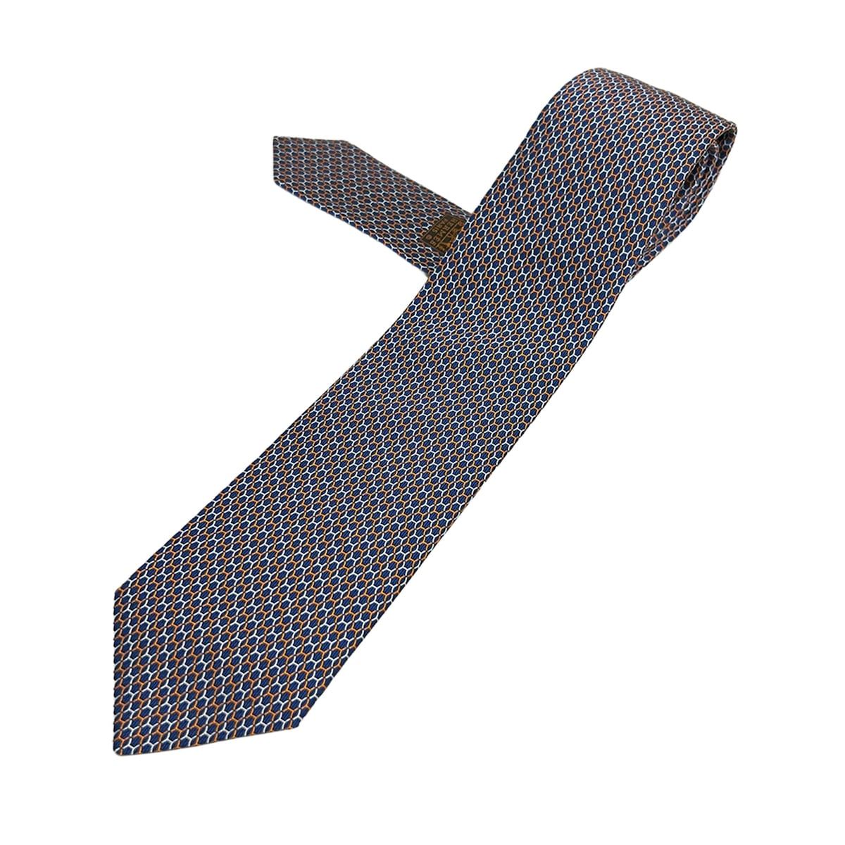 HERMES(エルメス) ネクタイ メンズ新品同様 - ネイビー×白×オレンジ 総柄 シルク 14,910円