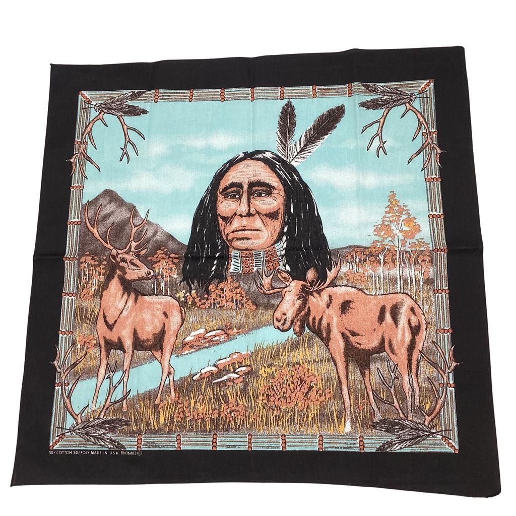 Vintage Bandana MADE IN USA 70s RN16463 SPRINGS ネイティブアメリカン 民族 アニマル シカ B-614