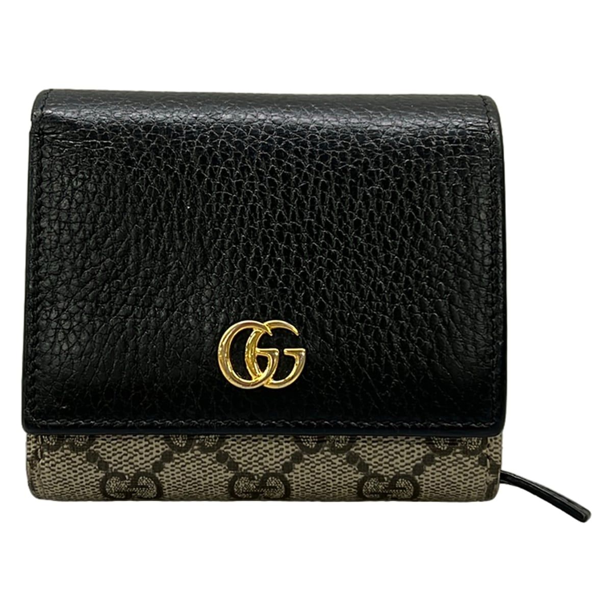 GUCCI(グッチ) 2つ折り財布美品 ダブルG バイカラー ミディアム ウォレット/GGスプリーム 598587 ベージュ×エボニー×黒 レザー