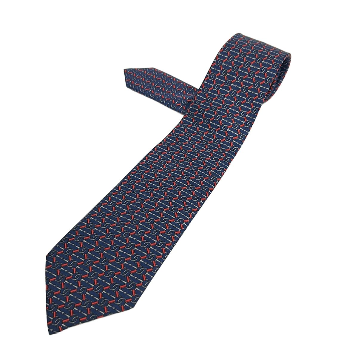 HERMES(エルメス) ネクタイ メンズ美品 - ネイビー×グレー×レッド シルク