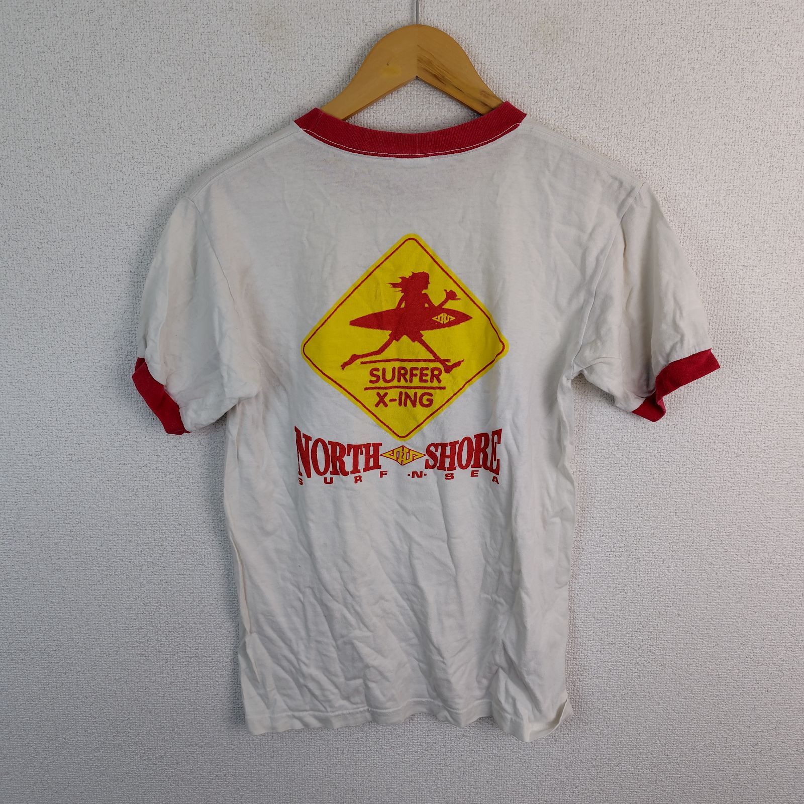 SURFER X-ING サーファーエックスイン North Shore ノースショア リンガーＴシャツ プリント ホワイト レッド メンズ 古着 アメカジ レトロ