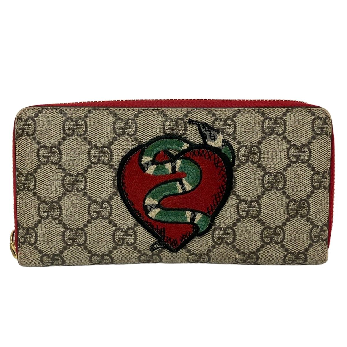 GUCCI(グッチ) 長財布 GG柄 456863 ベージュ×レッド×マルチ ラウンドファスナー/ハート/スネーク レザー