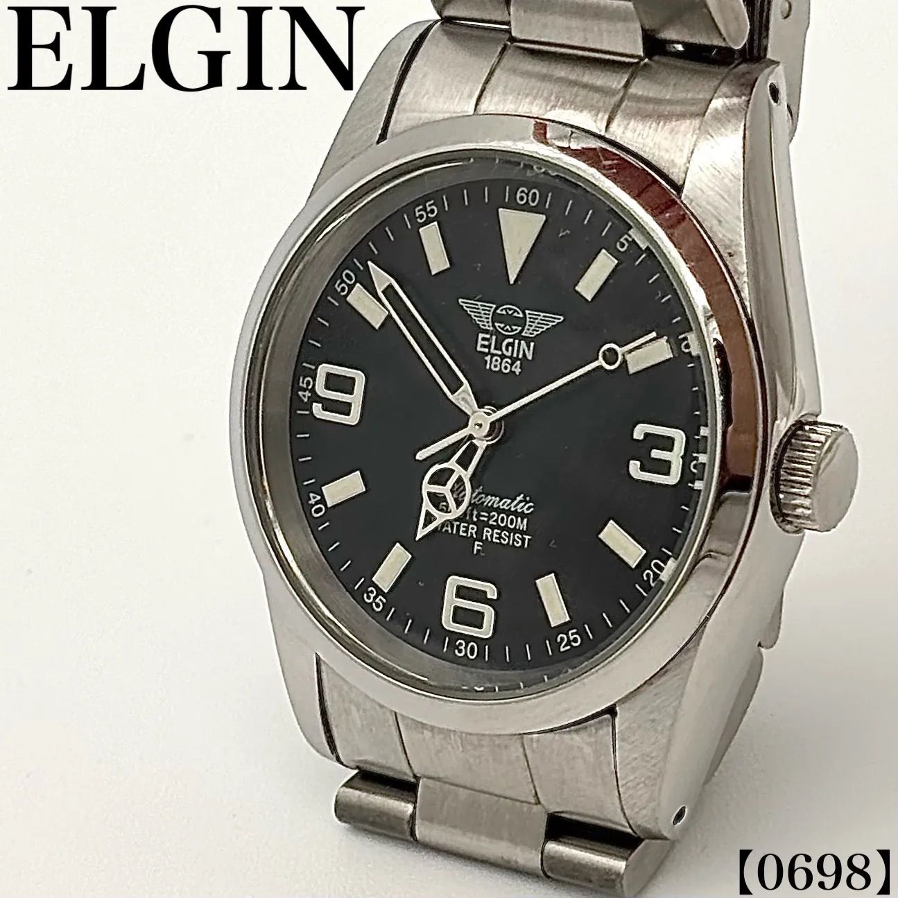 稼働品 Working item エルジン ELGIN 腕時計 メンズ Men's 自動巻き Automatic ブラック文字盤 黒文字盤 3針 アナログ ラウンド型 ダイバーズ風 ミリタリー スポーツ ウォッチ 0698