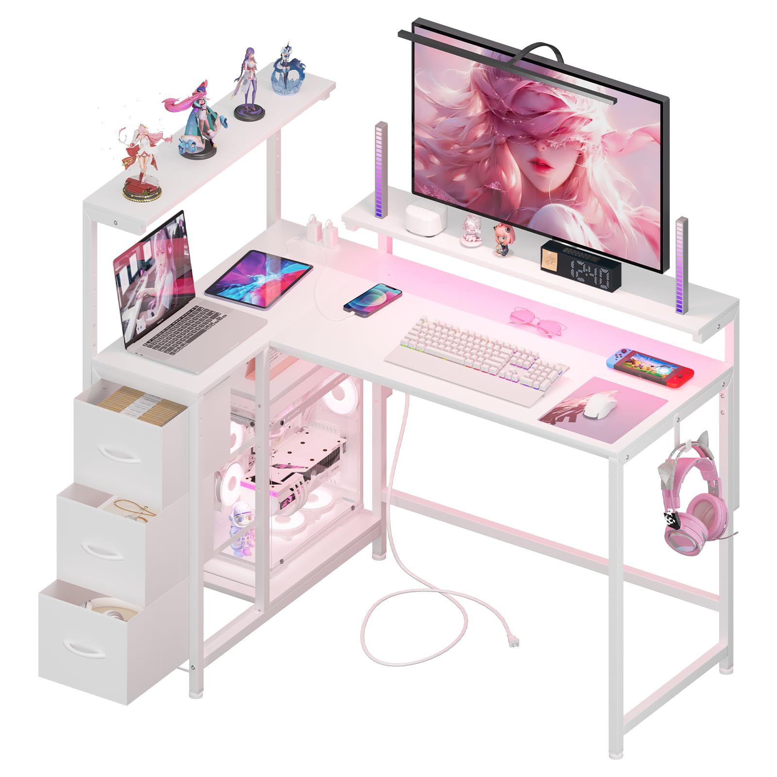 【モニター台2個付き・高さ7段階調節可能】LunarLight PCパソコンデスク 幅130奥行き80高さ72cm L型デスク 左右差し替え可能 7段調節モニター台（12～36cm対応） テレワーク コンセントとフック付き 耐震転倒防止パーツ付き 引き出し3個