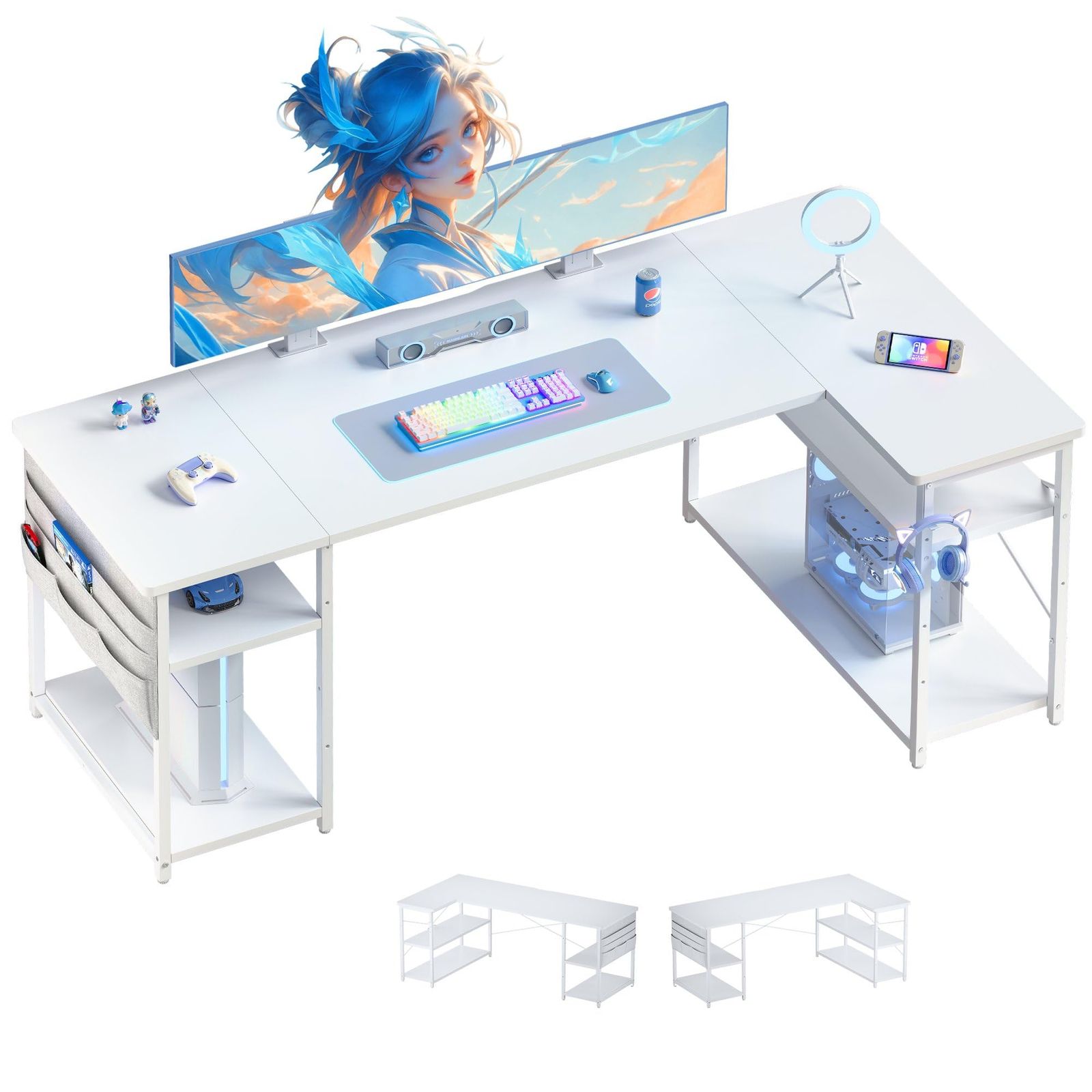 YeTom l字デスク ゲーミングデスク デスク 幅150cm pcデスク コーナーデスク 棚板高さ調節可能 収納袋付き L字型 PC 勉強机 作業 在宅勤務 リモートワーク ゲーム 書斎 収納ラック付き 白い