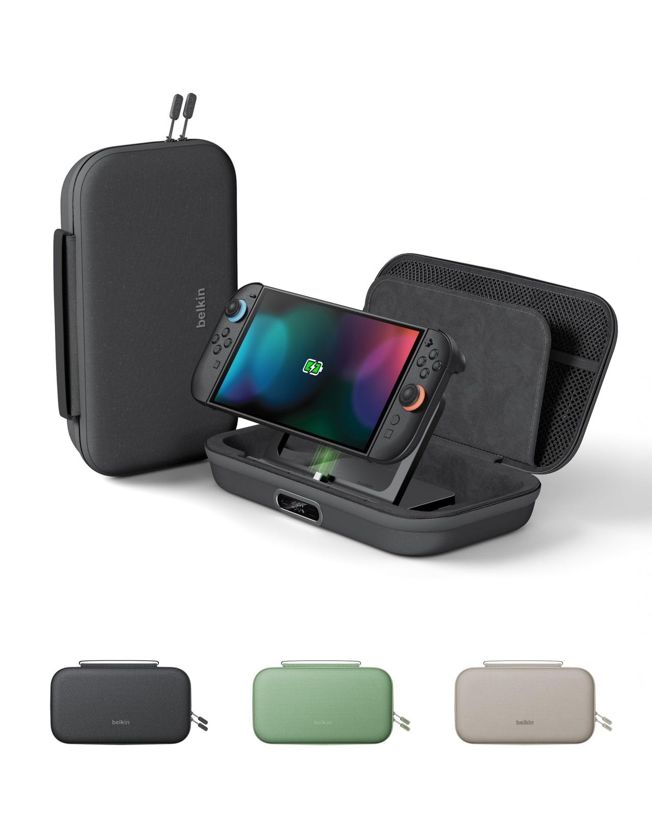 Belkin Nintendo Switch2 対応 バッテリー付き収納ケース（10,000mAhバッテリー内蔵 30W急速充電対応）折りたたみスタンド付き ゲームカード12枚収納 EVAハードケース 耐衝撃 全面保護 キャリングケース チャコールグレー EN