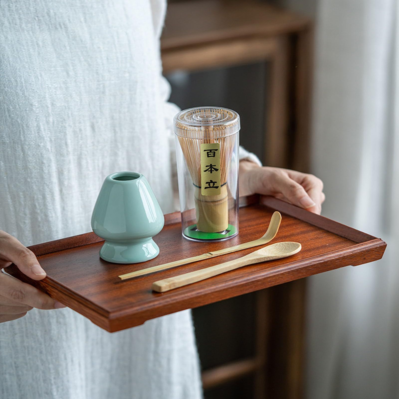 茶道具4点セッ 百本立茶筅 茶筅立て 茶杓 茶さじ 竹製 抹茶セット 粉末