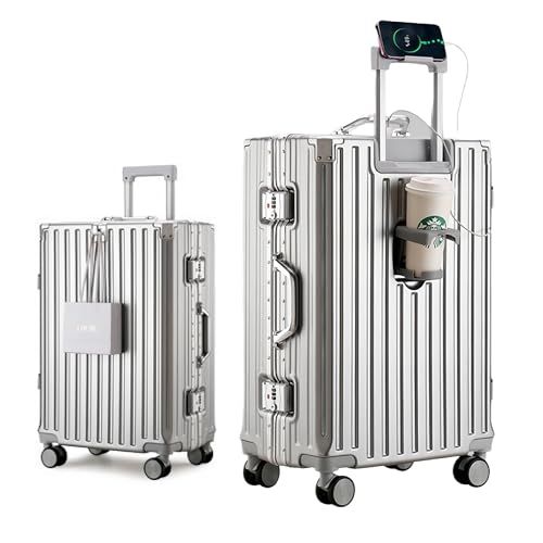[Yuweijie] スーツケース アルミフレームタイプ キャリーケース 機内持込可 シルバー s／m／l／xlサイズ 3泊4日 55l 多機能 バッグかけフック付き キャリーバッグ カップホルダー付き スマホホルダー付き 軽量大型 大容量 耐衝撃 人気 おし