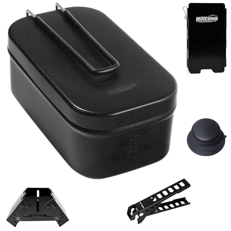MiliCamp 黒メスティン ノンスティック加工 5点セット 焦げ付きにくい 飯盒 ソロキャンプ道具 軽量 グランピング 目盛り付 絞り加工 車中泊 アウトドア用品