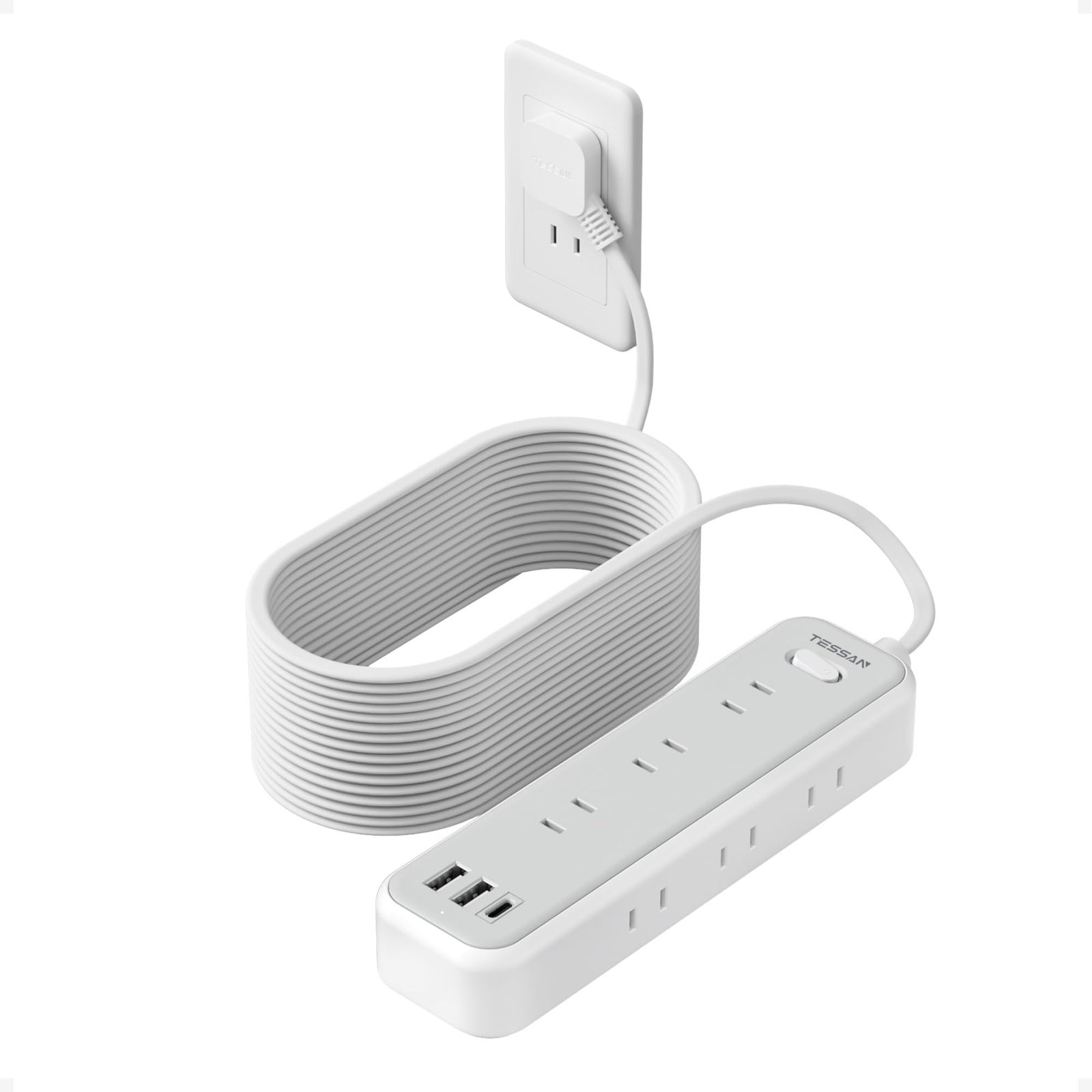 TESSAN 延長コード 10m 薄型 長い 電源タップ usb たこあしコンセント テーブルタップ 9個AC口 2個type-Aポート 1個USB-Cポート電源コード type-c OA タコ足配線 マルチ 一括スイッチ付き 壁掛け 卓上 隙間 おしゃれ
